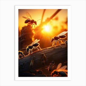 Ant Colony Collaboratively Foraging Under The Glowing Blaze Of A Setting Sun With Elongated Shadows (1) Art Print