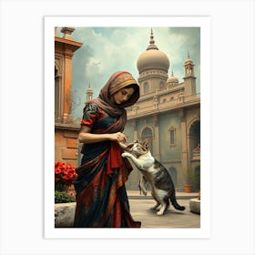 Indian Beauty With Cat - Diverse Art Illustration 89 Art Print