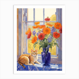 Cat With Sunflower Flowers Watercolor Mothers Day Valentines 3 Art Print