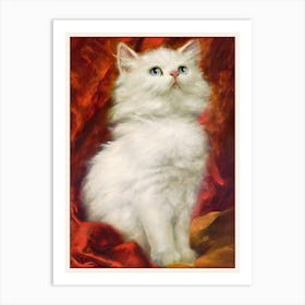 Carl Kahler (Austrian/American, b. 1855) White Long Haired Cat with Blue Eyes on Red Drape Oil Painting - HD Remastered Art Print