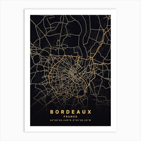 Bordeaux France Black And Gold Map Art Print