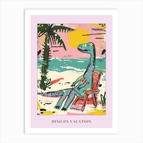 Dinosaur Relaxing On The Beach Pink Blue Pastel Poster Art Print