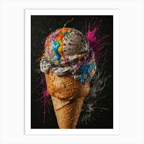 Colorful Ice Cream Cone On Black Background Art Print