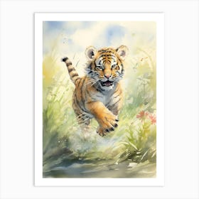 Tiger Illustration Running Watercolour 2 Art Print