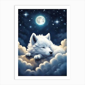 Cute White Wolf Sleeping In The Clouds Art Print