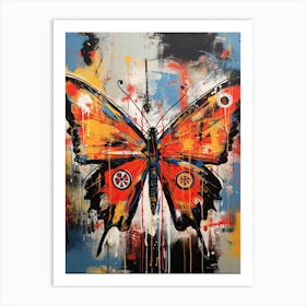 Orange Butterfly on multicolor background in Basquiat's Style Art Print