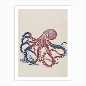 Red & Blue Simple Linocut Style Octopus 5 Art Print