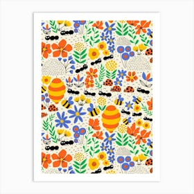 Bees, Ants, Ladybugs And Flowers Happy Kids 1 Art Print