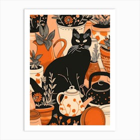 Black Cat In Pots Art Print