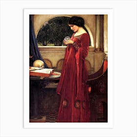 Crystal Ball by John William Waterhouse - Lady in Red Holding Crystal Ball - Gypsy Psychic Fortune Teller Witch Pagan Dreamy Mythological Oil Painting Remastered High Definition Gallery Art Print