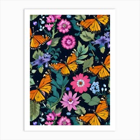 Seamless Pattern With Butterflies And Flowers 3 Art Print