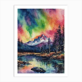 The Northern Lights - Aurora Borealis Rainbow Winter Snow Scene of Lapland Iceland Finland Norway Sweden Forest Lake Watercolor Beautiful Celestial Artwork for Home Gallery Wall Magical Etheral Dreamy Traditional Christmas Greeting Card Painting of Heavenly Fairylights 9 Art Print
