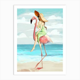 Girl Riding Flamingo Art Print