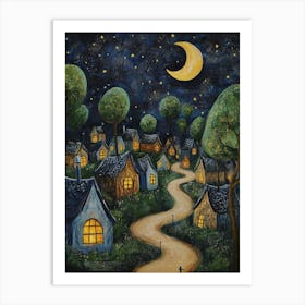 Village At Night With Stars and Moon In The Sky 8 Art Print