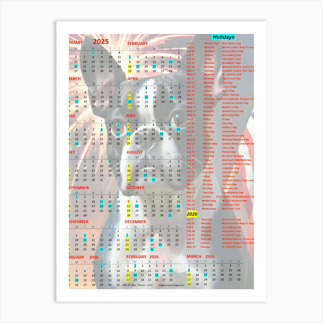 Boston Terrier Calendar 2025-2026 4 Art Print by Hall-O-Gram Creations - Fy boston-terrier-calendar-2025-2026-4-art-print-by-hall-o-gram-creations-fy