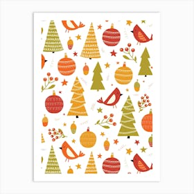 Modern Folk Art Christmas Forest Yellow, Red, Green, White Art Print