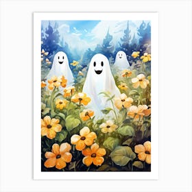 Cute Bedsheet Ghost, Botanical Halloween Watercolour 71 Art Print