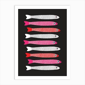 ANCHOVIES Retro Swimming Fish Horizontal in White Fuchsia Pink and Red on Black Art Print