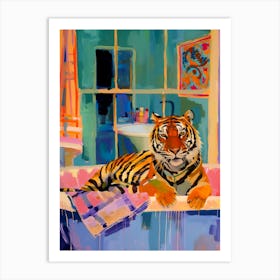 Tiger In A Bath Print Maximalist Bathroom Wall Art Pink Kitsch Art Print