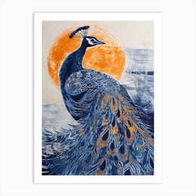 Blue & Orange Peacock Portrait Art Print