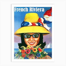 French Riviera, Happy Woman With Yellow Hat And Flowers Art Print