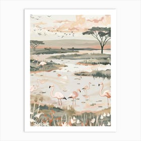 Pink Flamingo Pastels Jungle Illustration 3 Art Print