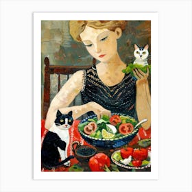 Portrait Of A Woman With Cats Eating A Salad 4 Art Print