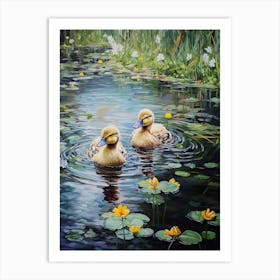 Ducklings In The River Floral Painting 2 Art Print