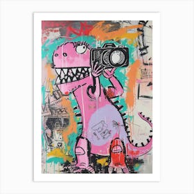 Dinosaur Taking A Photo Pink Graffiti Brushstroke Art Print