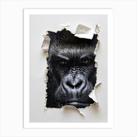 Oil Painting Styled Gorilla Face Emerging From Ripped Paper On A White Background Hyperrealistic B Art Print