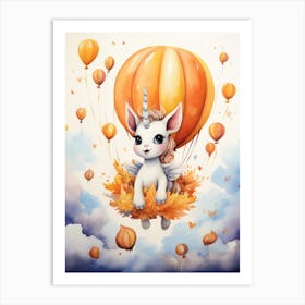 Unicorn Flying With Autumn Fall Pumpkins And Balloons Watercolour Nursery 1 Art Print