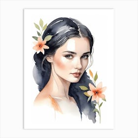 Floral Woman Portrait Watercolor Painting (16) Art Print