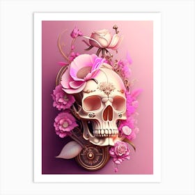 Skull With Steampunk Details 2 Pink Vintage Floral Art Print