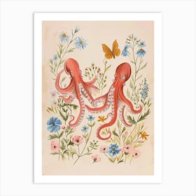 Folksy Floral Animal Drawing Octopus 3 Art Print