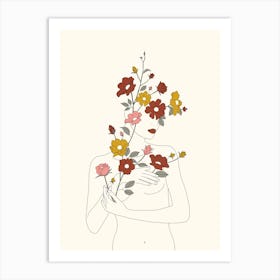 Colorful Thoughts Minimal Line Art Woman With Wild Roses Art Print