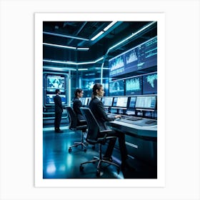 Cyber Industrial Automation Control Room With Sleek Ergonomic Workstations Translucent Holographic (3) Art Print