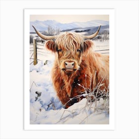 Traditional Watercolour Illustration Of Highland Cow In The Snowy Field 4 Art Print