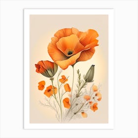 California Poppy Spices And Herbs Retro Drawing 4 Art Print