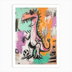 Dinosaur Playing Football Pink Graffiti Brushstroke 1 Art Print