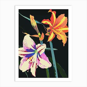 Neon Flowers On Black Amaryllis 6 Art Print