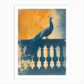 Orange & Blue Peacock On A Stone Balcony 3 Art Print