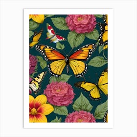 Seamless Pattern With Butterflies And Flowers 12 Art Print