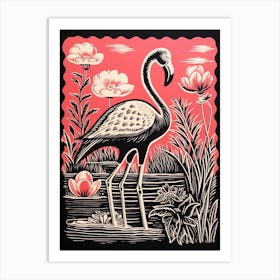 Vintage Bird Linocut Flamingo 2 Art Print