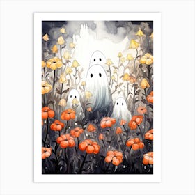 Cute Bedsheet Ghost, Botanical Halloween Watercolour 55 Art Print