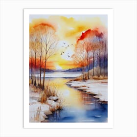 Winter Sunset Watercolor Painting 1 Art Print