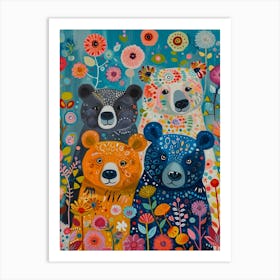 Colourful Floral Folky Bears 1 Art Print