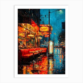 Rainy Night At A 1950s Diner With Neon Signs – Retro Americana Art Print Art Print