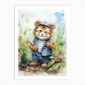 Tiger Illustration Gardening Watercolour 4 Art Print