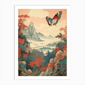 Butterfly With Mountaneous Landscape Japanese Style Painting 4 Art Print