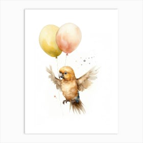 Baby Parrot Flying With Ballons, Watercolour Nursery Art 3 Art Print